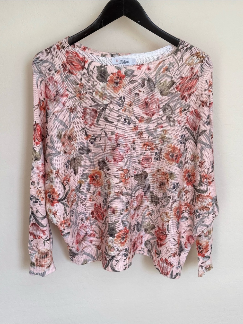 Luisa Ricci Italy Pink Floral Open Mesh Knit Dolman Sleeve Sweater Top Large